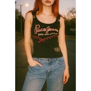 VTG Paco Jeans Tank Women XL With Attitude Black Red Embroidery Studs Y2K Skater